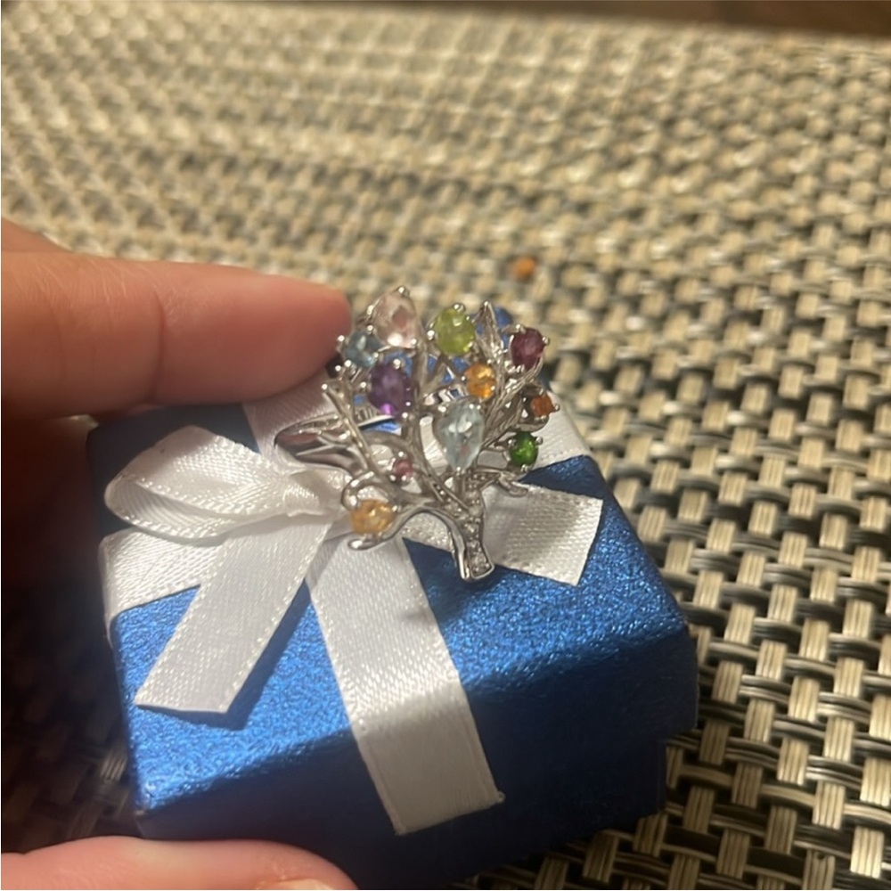 Silver Tree of Life Ring with Colorful Gemstones - Picture 4 of 4